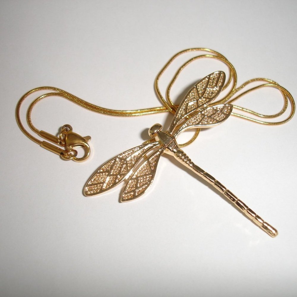 Gold Dragonfly Necklace 18 inch 22K gold plated - Picture 2 of 10